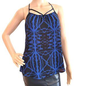 Express Strappy Cami Top Size XS Blue Black Abstract Racerback Blouse Glam Night